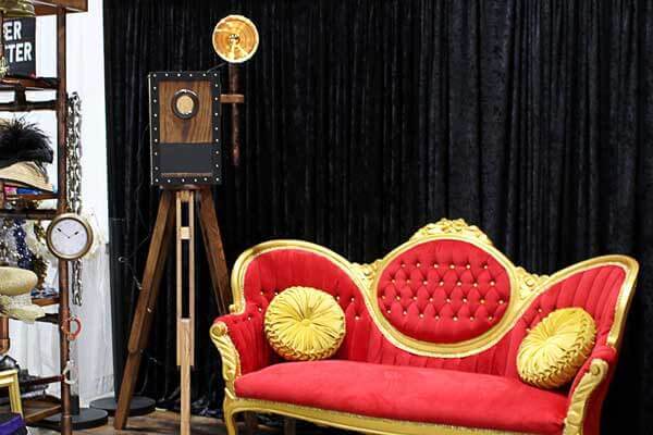 Vintage rustic camera wedding photo booth red carpet prop rental