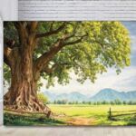 Springtime country fields tree overhanging meadow Springtime country fields tree overhanging meadow
