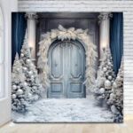 Pale blue snowy doors holiday Christmas photo booth backdrop Pale blue snowy doors holiday Christmas photo booth backdrop