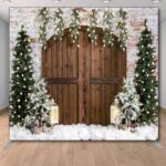 Rustic wooden doors trees holiday Christmas photo booth backdrop Rustic wooden doors trees holiday Christmas photo booth backdrop
