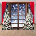 Living room windows red curtains white trees Christmas holiday photo booth backdrop Living room windows red curtains white trees Christmas holiday photo booth backdrop