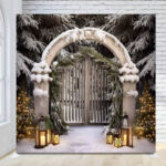 Snowy winter gates with lamps Christmas holiday photo booth backdrop Snowy winter gates with lamps Christmas holiday photo booth backdrop