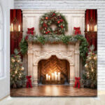 Red fireplace hearth with green garland Christmas holiday photo booth backdrop Red fireplace hearth with green garland Christmas holiday photo booth backdrop