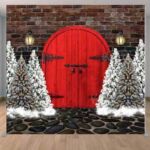 Rustic red wooden doors brick Christmas holiday photo booth backdrop Rustic red wooden doors brick Christmas holiday photo booth backdrop