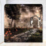 Scary graveyard with pumpkins holiday photo booth backdrop Scary graveyard with pumpkins holiday photo booth backdrop