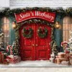 Santa's workshop red doors holiday Christmas backdrop Santa's workshop red doors holiday Christmas backdrop